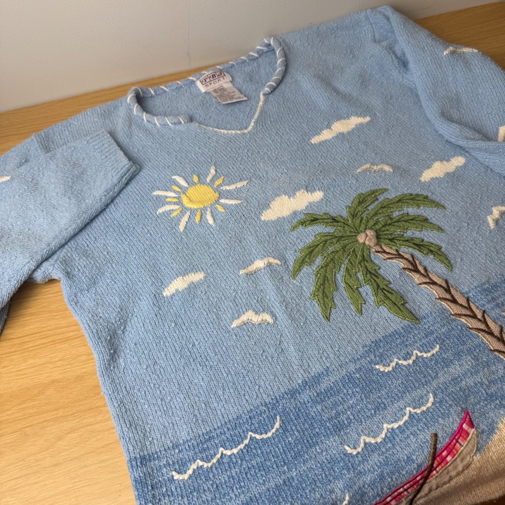 VTG PBJ Sport Beachy Embroidered Knit Sweater L Coastal Grandma Core Coastal